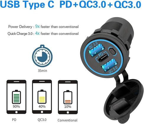 منفذ USB C 12 فولت، مقبس طاقة USB-C PD 20 وات ومقبس 18 وات QC3.0 مخرج طاقة مقاوم للماء 12 فولت/24 فولت مع مفتاح طاقة للسيارة وعربة الجولف والقارب البحري والحافلات البحرية والشاحنات RV والدراجات النارية البحرية وما إلى ذلك. in Kuwait