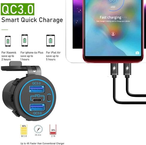 منفذ USB C 12 فولت، مقبس طاقة USB-C PD 20 وات ومقبس 18 وات QC3.0 مخرج طاقة مقاوم للماء 12 فولت/24 فولت مع مفتاح طاقة للسيارة وعربة الجولف والقارب البحري والحافلات البحرية والشاحنات RV والدراجات النارية البحرية وما إلى ذلك. in Kuwait