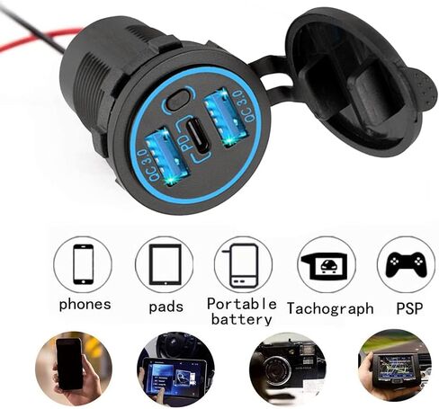 منفذ USB C 12 فولت، مقبس طاقة USB-C PD 20 وات ومقبس 18 وات QC3.0 مخرج طاقة مقاوم للماء 12 فولت/24 فولت مع مفتاح طاقة للسيارة وعربة الجولف والقارب البحري والحافلات البحرية والشاحنات RV والدراجات النارية البحرية وما إلى ذلك. in Kuwait
