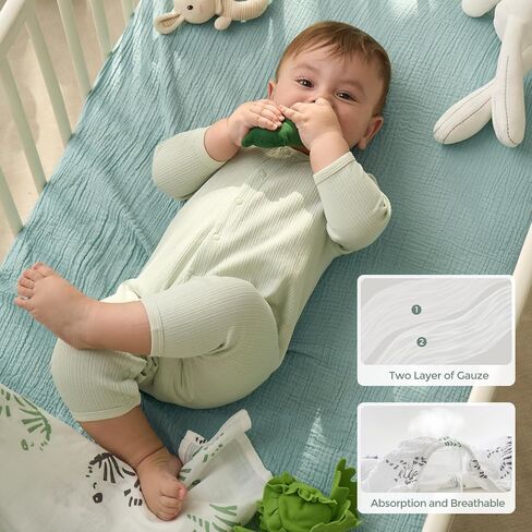 Momcozy موسلين ملاءات سرير صغيرة جاهزة، 91.44 سم × 66.04 سم، عبوتان من ملاءة مرتبة الأطفال المصنوعة من القطن الطبيعي الناعم المسامي، تغليف مرتبة 360 درجة مانع للانزلاق للأولاد والبنات، ملاءة سرير محايدة للأطفال الصغار، نجمة قمر زرقاء in Kuwait