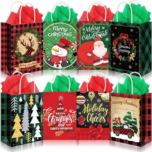 Cholemy 40 Pack Christmas Gift Bags with Tissue Paper Bulk Reusable Christmas Tote Bags with Handles Kraft Christmas Goody Bags for Xmas Wrapping Candy Goodie Party, 8 Styles (Small, Medium, Large) in Saudi Arabia