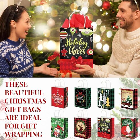 Cholemy 40 Pack Christmas Gift Bags with Tissue Paper Bulk Reusable Christmas Tote Bags with Handles Kraft Christmas Goody Bags for Xmas Wrapping Candy Goodie Party, 8 Styles (Small, Medium, Large) in Saudi Arabia