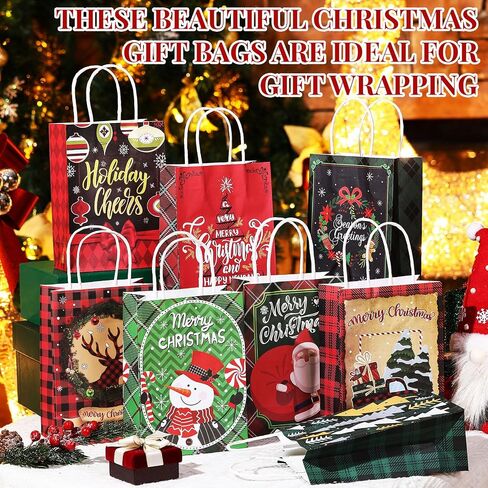 Cholemy 40 Pack Christmas Gift Bags with Tissue Paper Bulk Reusable Christmas Tote Bags with Handles Kraft Christmas Goody Bags for Xmas Wrapping Candy Goodie Party, 8 Styles (Small, Medium, Large) in Saudi Arabia