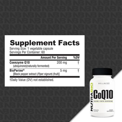 NutraBio CoQ10 Dietary Supplement with Bioperine, Healthy Heart Function & Cellular Energy Production, 200mg - 60 Capsules in Kuwait