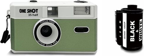 1 Shot Point and Shoot 35mm Film Camera Reusable One Shot Half Frame Camera, Built in Flash, Bundled with One Roll ASA/ISO 400 Black & White Film 18 Exp, Battery is Not Included (Brown Color) in Saudi Arabia