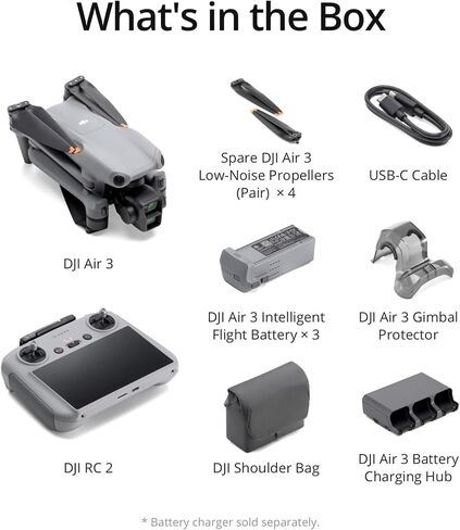 مجموعة DJI Air 3 Fly More Combo مع DJI RC 2 (جهاز التحكم عن بعد بالشاشة)، طائرة بدون طيار مع كاميرات أساسية مزدوجة متوسطة وواسعة الزاوية للبالغين، دقة 4K HDR، أقصى وقت طيران 46 دقيقة، 48 ميجابكسل، بطاريتين إضافيتين in Kuwait