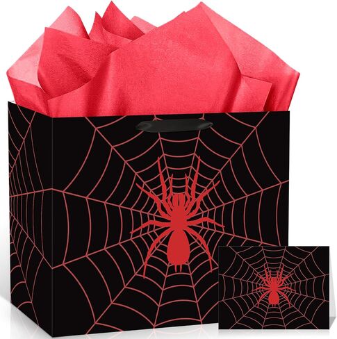 Spider Birthday Gift Bag Spider Birthday Party Paper Bags with Handles Tissue Paper and Card Red Black Spider Webs Wrapping Bag Spider Party Decorations for Boys Men Birthday Christmas Supplies in Saudi Arabia