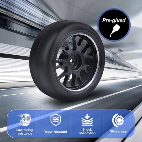 AllinRC PreGlued Aluminum 12mm Hex RC Wheels and Tires OD 2.56" for 1/10 On-Road Touring Car RC Drift Car, Set of 4 (Edition C) in Kuwait