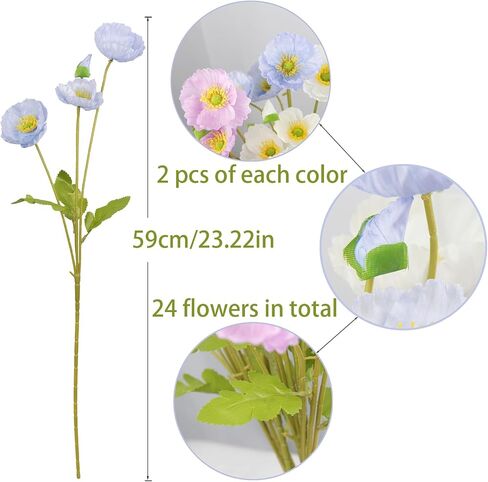 6 Pcs Artificial Poppy Flowers Silk Fake Poppy Flowers with Stems Faux Poppy Spring Flowers Real Touch Flowers for Home Kitchen Wedding Decorations Floral Arrangement Table Centerpiece in Saudi Arabia