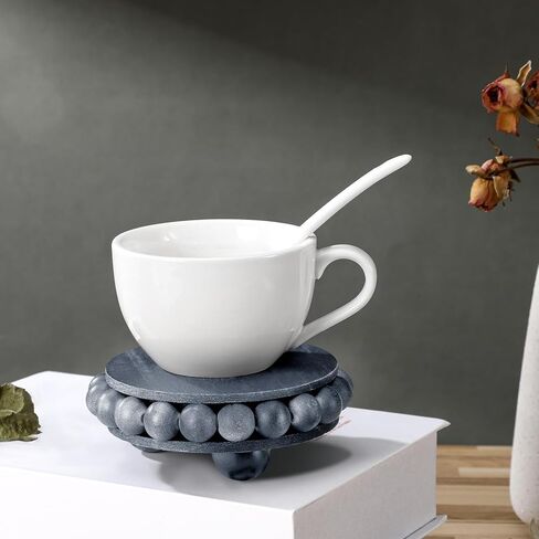 2 Pcs Beaded Wood Pedestal Stand Wooden Risers for Display Farmhouse Round Display Stands Decorative Accent for Coffee Bar, Bathroom, Kitchen Island, Plant Pot (Gray, 4 Inch) in Kuwait