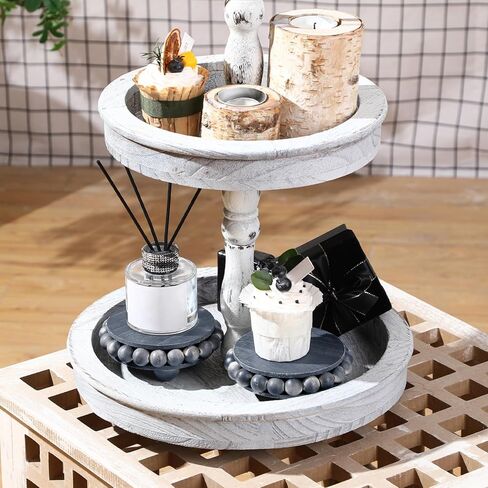 2 Pcs Beaded Wood Pedestal Stand Wooden Risers for Display Farmhouse Round Display Stands Decorative Accent for Coffee Bar, Bathroom, Kitchen Island, Plant Pot (Gray, 4 Inch) in Kuwait