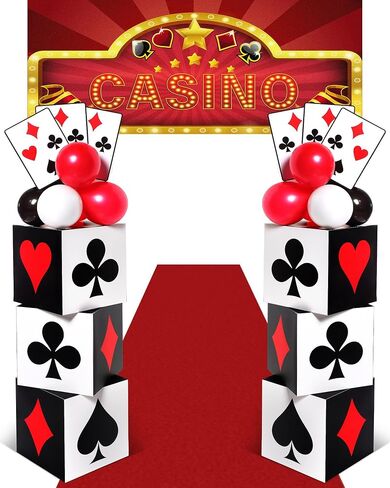 62 Pcs Casino Theme Favor Boxes Party Decorations Set 11 Inch Dice Favor Boxes Jumbo Poker Cards Red Black White Balloon Banner Runners Supply for Casino Birthday Holiday Party Decoration in Saudi Arabia