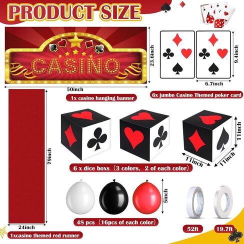 62 Pcs Casino Theme Favor Boxes Party Decorations Set 11 Inch Dice Favor Boxes Jumbo Poker Cards Red Black White Balloon Banner Runners Supply for Casino Birthday Holiday Party Decoration in Saudi Arabia