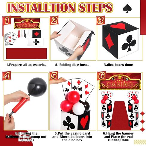62 Pcs Casino Theme Favor Boxes Party Decorations Set 11 Inch Dice Favor Boxes Jumbo Poker Cards Red Black White Balloon Banner Runners Supply for Casino Birthday Holiday Party Decoration in Saudi Arabia