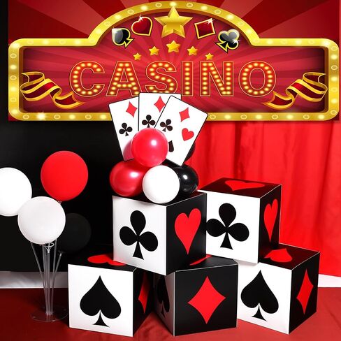 62 Pcs Casino Theme Favor Boxes Party Decorations Set 11 Inch Dice Favor Boxes Jumbo Poker Cards Red Black White Balloon Banner Runners Supply for Casino Birthday Holiday Party Decoration in Saudi Arabia