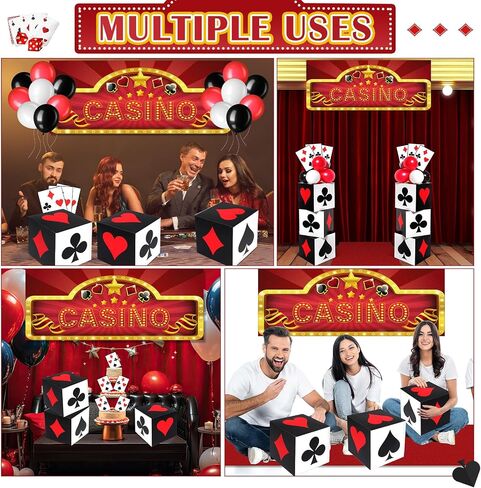 62 Pcs Casino Theme Favor Boxes Party Decorations Set 11 Inch Dice Favor Boxes Jumbo Poker Cards Red Black White Balloon Banner Runners Supply for Casino Birthday Holiday Party Decoration in Saudi Arabia