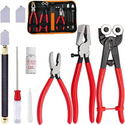 Glass Cutting Tool Set Kit, Glass Nipper Glass Running Plier Breaking Plier Oil Feed Glass Cutter Set with Leather Zipper Bag for Stained Glass, Tiles, Mosaic, Mirrors,Bottle, Fusing, Breaking (A KIT) in Kuwait
