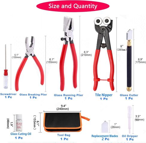 Glass Cutting Tool Set Kit, Glass Nipper Glass Running Plier Breaking Plier Oil Feed Glass Cutter Set with Leather Zipper Bag for Stained Glass, Tiles, Mosaic, Mirrors,Bottle, Fusing, Breaking (A KIT) in Kuwait