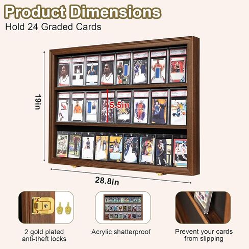 Grintus Baseball Card Display Case 24 Graded Sport Card Display Case Wall Mount with Clear View and UV Protection Acrylic Door for Baseball Football Basketball Hockey Trading Card Collection, Black in Kuwait