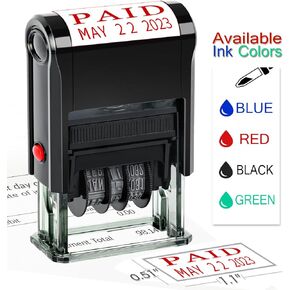 Date Stamp with Paid Self-Inking Office Rubber Date Stamp Custom Paid Phrase Date Stamp for Business 12-Year Band Blue&Red 2024