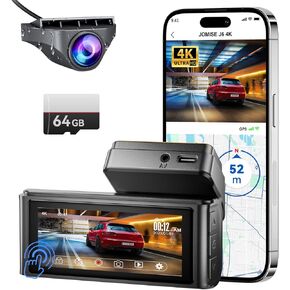 JOMISE 4K Dash Cam Front and Rear, 3.16" IPS Touch Screen, Free 64GB Card, Dual Dash Camera for Cars, Built-in Wi-Fi GPS, UHD 2160P Night Vision, WDR, 24H Parking Monitor (J6)