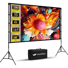 100 inch Projector Screen with Stand, Wootfairy Foldable and Portable Projection Screen 16:9 4K HD Rear Front Wrinkle-Free Movie Screen with Carry Bag for Indoor Outdoor Home Theater Backyard Cinema