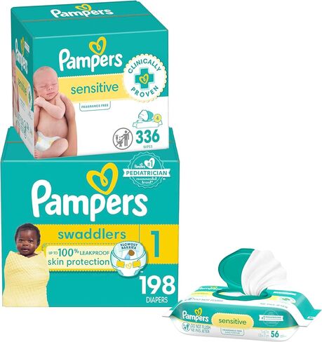 Diapers Size 5, 132 Count and Baby Wipes - Pampers Swaddlers Disposable Baby Diapers and Water Baby Wipes Sensitive Pop-Top Packs, 336 Count (Packaging May Vary) in Saudi Arabia