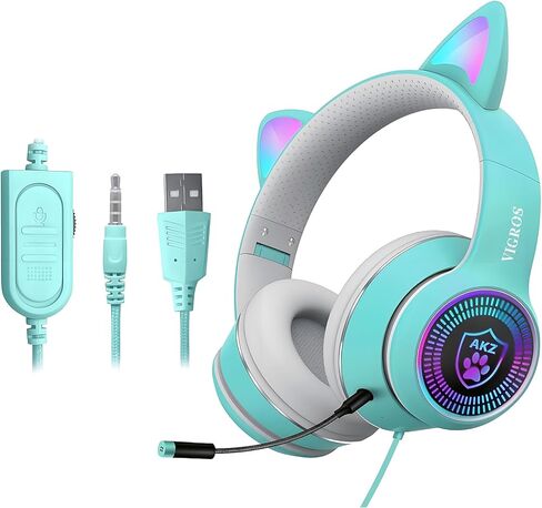 Cat Ear Gaming Headphones Wired AUX 3.5mm LED Light, Noise Canceling Game Headphones Stereo Foldable Over-Ear Headsets with Microphone Fit Girls, Kids for PC, PS4, Switch, Xbox, Mobile, Laptop in Kuwait
