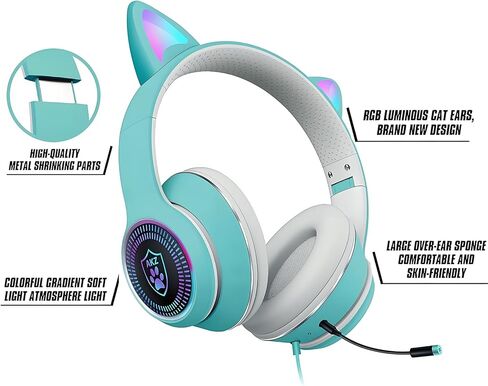 Cat Ear Gaming Headphones Wired AUX 3.5mm LED Light, Noise Canceling Game Headphones Stereo Foldable Over-Ear Headsets with Microphone Fit Girls, Kids for PC, PS4, Switch, Xbox, Mobile, Laptop in Kuwait