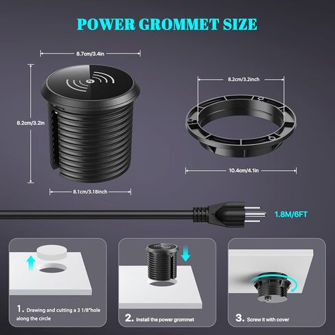 PD 20W USB C Desk Power Grommet with 10W Wireless Charger Cover, Recessed Power Strip with 18W USB A and 2 AC Outlets,Hidden Power Outlets with 6FT Cords for Office, Home, Conference(Black) in Kuwait