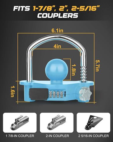 Universal Coupler Lock Trailer Locks Ball Hitch Trailer Hitch Lock Adjustable Security Heavy-Duty Steel fits 1-7/8 Inch, 2 Inch, 2-5/16 Inch Couplers, Combination Lock,No Key Needed (Black) in Saudi Arabia