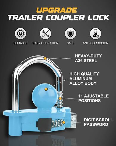 Universal Coupler Lock Trailer Locks Ball Hitch Trailer Hitch Lock Adjustable Security Heavy-Duty Steel fits 1-7/8 Inch, 2 Inch, 2-5/16 Inch Couplers, Combination Lock,No Key Needed (Black) in Saudi Arabia