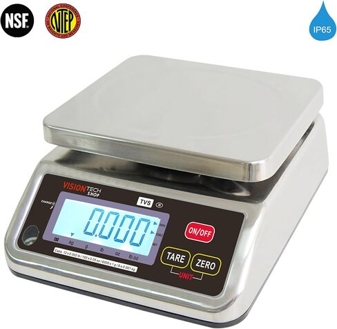 TVS Portion Control Stainless Steel Washdown Scale, Lb/Oz/Kg/g Switchable, Low Profile Design, 12lb Capacity, 0.002lb Readability, Dual Display, NTEP Legal for Trade COC #19-058 in Saudi Arabia