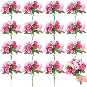 Zeyune 16 باقة 12 في باقة ورد صناعية صغيرة 160 رأس باقات زهور الزفاف ورود حريرية ورود وهمية بالجملة للمنزل والمكتب والحديقة وحفلات الزفاف وديكور عيد الحب (وردي فاتح)