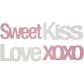 Valentine's Day Wood Cutout Words for Crafts - Love, Hugs, Kiss, XOXO - 8 Pieces (Pink and Tan)