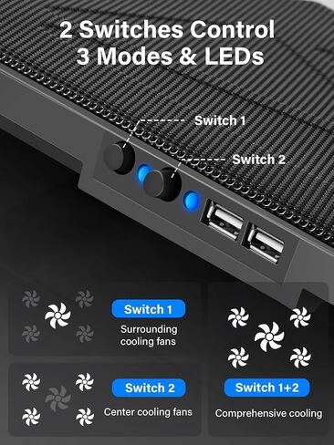 Kootek Laptop Cooling Pad Cooler Stand with 5 Quiet Fans for 12"-17" Laptop | 5 Fans, USB Powered, Laptop Cooling Stand with 2 USB Hub, 6 Adjustable Height, 360° Cooling Coverage, Anti-Slip, Blue LED in Kuwait