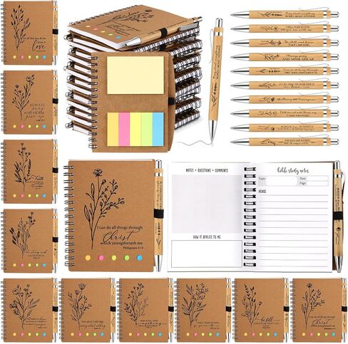 20 Pcs Christian Gifts Bulk Bible Verse Notebooks with Sticky Notes Christian Bamboo Ballpoint Pens Religious Notepad Prayer Journal Church Gifts for Women Men Sunday School (Study Page Style) in Kuwait