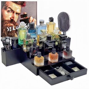 Wooden Cologne Organizer for Men with Designed Gift Box and Refillable Perfume Travel Bottle – 3 Tiered Large Cologne Stand Display Shelf – Long Matt Black Perfume Storage – Cologne Holder Tray