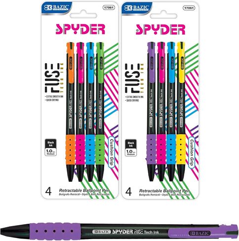 BAZIC Oil Gel Ink Retractable Pen Spyder Assorted Colors, 0.7 mm Medium Point Soft Grip Smooth Writing, for Office School (4/Pack), 1 UNIT, RANDOM COLOR in Saudi Arabia