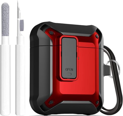 حافظة Airpod ذات قفل آمن مدرع للرجال مع مجموعة منظف، حافظة سماعات أذن مقاومة للصدمات لحافظات Apple AirPod 2&1 اللاسلكية للنساء (أسود/أحمر) in Kuwait
