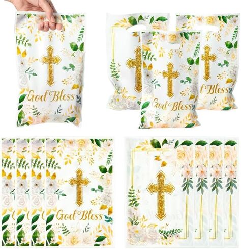 ANGOLIO 50Pcs White Party Favor Bags Summer Sliver Goodie Bags Back to School Gifts Bags Easter Cross God Bless Plastic Birthday Snacks Bags Baptism First Communion Baby Shower Party Supplies for Kids in Kuwait