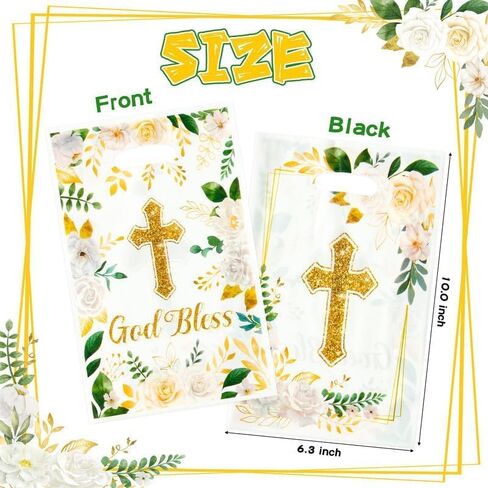 ANGOLIO 50Pcs White Party Favor Bags Summer Sliver Goodie Bags Back to School Gifts Bags Easter Cross God Bless Plastic Birthday Snacks Bags Baptism First Communion Baby Shower Party Supplies for Kids in Kuwait