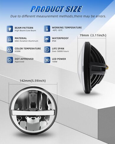 5.75-Inch LED Headlamp 12V/24V Universal Daylight High/Low Switching 50-Watt LED Headlamp Vehicle Inspection Compatible DRL 3 Light Modes Compatible Jeep/Motorcycle/for Harley Universal in Kuwait