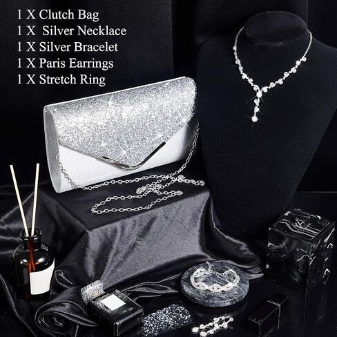 Henoyso 5 Pcs Purse Rhinestone Jewelry Set Rhinestone Clutch Purse Bride Prom Jewelry Necklace Earrings Bracelets for Women in Saudi Arabia
