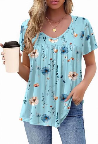 HOTOUCH Womens Flutter Sleeve Pleated Tunic Plus Size Tops Casual V Neck Blouses Loose Boho Floral Short Sleeve Summer Shirts in Kuwait