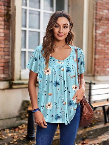 HOTOUCH Womens Flutter Sleeve Pleated Tunic Plus Size Tops Casual V Neck Blouses Loose Boho Floral Short Sleeve Summer Shirts in Kuwait