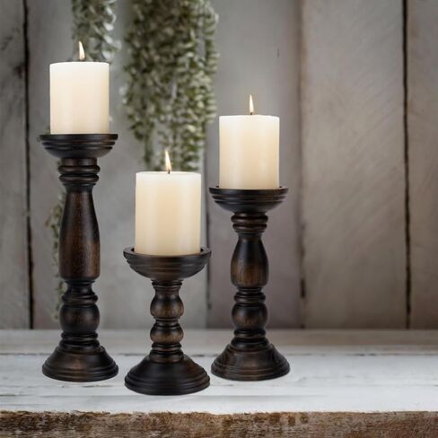 Farmhouse Wooden Candle Holders for Pillar Candles Set of 3, Rustic Wood Candle Holder Table Centerpiece Decor, 12'' 9'' 6'' Vintage Tall Candle Stand Decorative, Brown in Kuwait