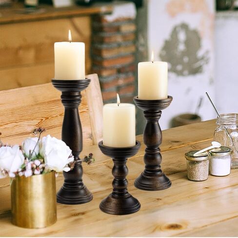 Farmhouse Wooden Candle Holders for Pillar Candles Set of 3, Rustic Wood Candle Holder Table Centerpiece Decor, 12'' 9'' 6'' Vintage Tall Candle Stand Decorative, Brown in Kuwait
