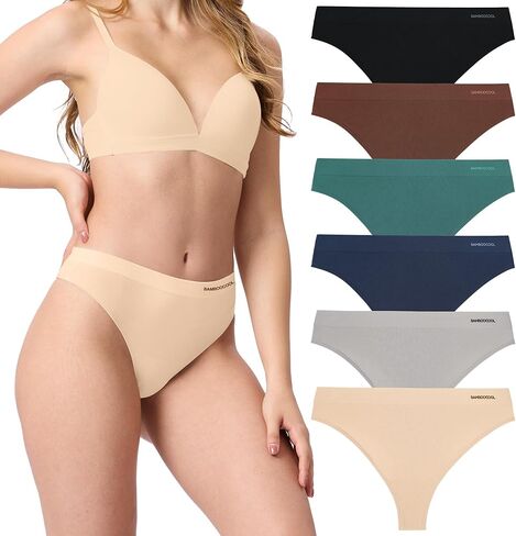BAMBOO COOL Women's Thongs Seamless Moisture-Wicking Breathable Underwear High Stretchy Mid Waisted Panties Tagless 6 Pack in Kuwait