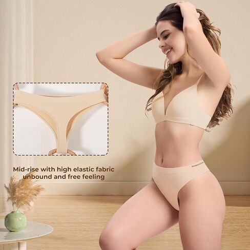 BAMBOO COOL Women's Thongs Seamless Moisture-Wicking Breathable Underwear High Stretchy Mid Waisted Panties Tagless 6 Pack in Kuwait
